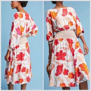 Anthropologie Maeve Orange Red Gemma Floral
Print Midi Dress size MP 100% rayon